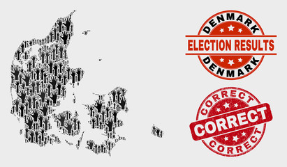 Election Denmark map and seal stamps. Red rounded Correct distress seal stamp. Black Denmark map mosaic of raised election hands. Vector composition for election results, with Correct imprint.