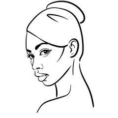 African Woman face. Portrait cartoon black and white style. Vector. Illustration.