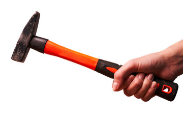 Girl holding a hammer isolated on white background