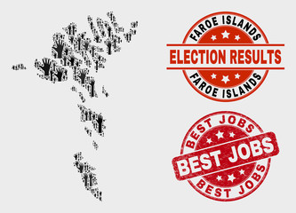 Poll Faroe Islands map and seal stamps. Red rounded Best Jobs textured stamp. Black Faroe Islands map mosaic of raised up like hands. Vector combination for referendum results,