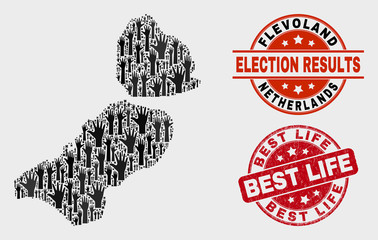 Vote Flevoland Province map and stamps. Red round Best Life scratched stamp. Black Flevoland Province map mosaic of upwards vote hands. Vector collage for ballot results, with Best Life stamp.