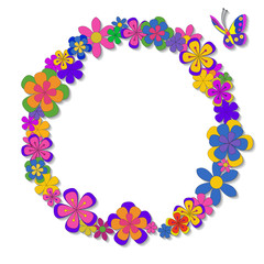 Fototapeta na wymiar Greeting card template with space for text. Round floral frame with butterfly.