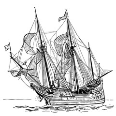 Sailing Ship vintage frigate on the waves. Hand drawn vector illustration. Hand sketch. Illustration. - obrazy, fototapety, plakaty