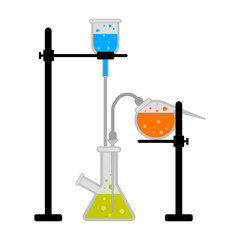 Science experiment with different flasks and liquids - Vector