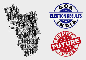 Political Goa State map and seal stamps. Red round Future scratched seal stamp. Black Goa State map mosaic of upwards vote hands. Vector composition for election results, with Future seal.