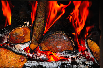 Wood burning in the fireplace closeup