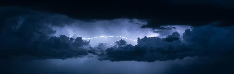 Tuinposter Panoramic view of lightning between the clouds © Menyhert