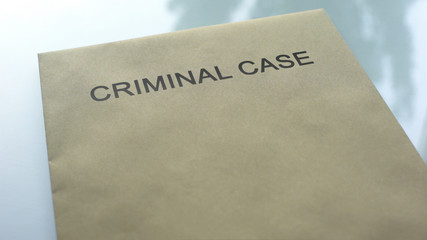 Criminal case, folder with important police documents lying on table, close up