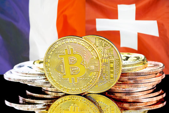 Concept for investors in cryptocurrency and Blockchain technology in the France and Switzerland. Bitcoins on the background of the flag France and Switzerland.