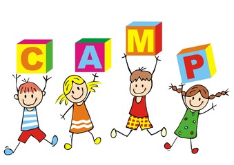 Happy kids and cube with inscription camp, vector illustration