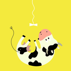 Funny cow cartoon. Cute funny farm milk animal character in action pose -  cow playing with  a bow. Vector funny mascot. Illustration of farm cow animal