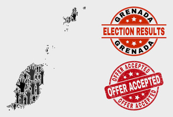 Election Grenada map and watermarks. Red round Offer Accepted distress seal. Black Grenada map mosaic of raised choice hands. Vector composition for election results, with Offer Accepted seal stamp.