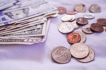Money from america. Notes of Real, USA Dollars currency. Concept of economy, inflation and business. Wallet with money banknotes and Coin the foreground. 