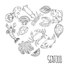 Set of hand drawn seafood, Healthy food drawings set elements for menu design. Vector illustration