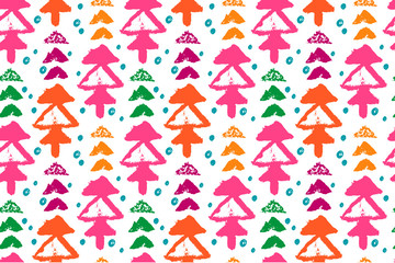 Obraz premium Colorful grunge seamless pattern with spruce. Christmas tree. Triangles, dots on white background. Vector illustration.