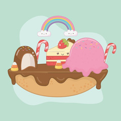 sweet pie of chocolate cream with kawaii characters
