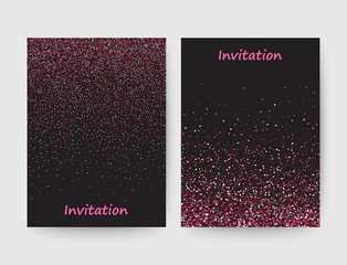 Colorful postcard . Invitation. Line design, pink glowing confetti, illustration on black background. For banner, flash, website title, postcard. Vector. - Vektorgrafik