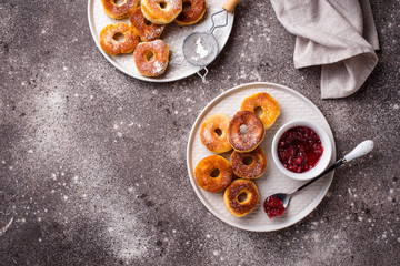 Homemade donuts with rose jam