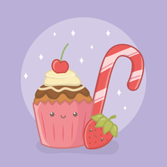 delicious and sweet cane and products kawaii characters