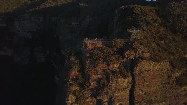 Aerial: Lookout on Amazing Pulpit Rock in Blue Mountains, Blue Mountains, Australia