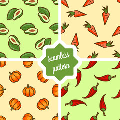Seamless vegetables backgrounds set- vector patterns with avocado, carrot, pumpkin, pepper. Funny vegetables. Cute Seamless Patterns.