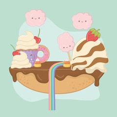sweet pie of chocolate cream with kawaii characters