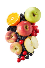 Several different halved fruits in pile on white