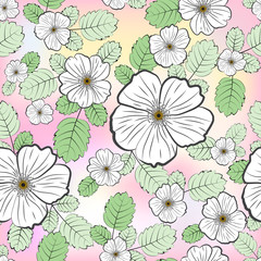 Seamless floral pattern, white dogrose flowers and green leaves, on a light background with colored spots.