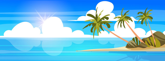 Beach with palm trees and Golden sand.The sun brightly illuminates the blue ocean blue sea. - obrazy, fototapety, plakaty