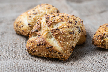 Fresh and tasty homemade full grain bread macro view. Healthy eating concept.