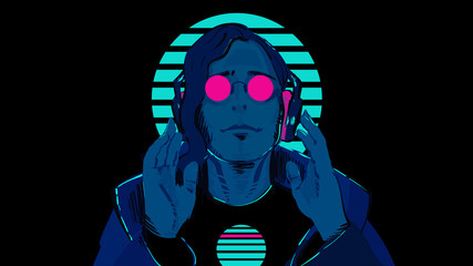 A guy with blue skin in pink, round glasses against a striped neon circle is listening to music in stereo headphones. Illustration of a sci-fi retro wave 80's on a black background.