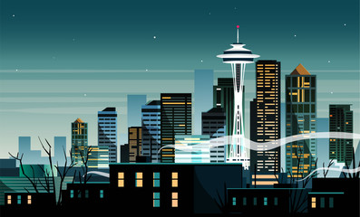 Night cartoon landscape of the city of Seattle, America.