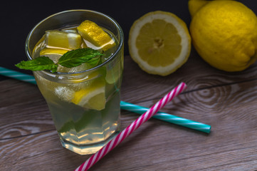 Fresh lemon lemonade with ice.