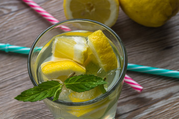 Fresh lemon lemonade with ice.