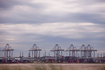 Port cranes with many containers. Photographed from Maasvlakte.