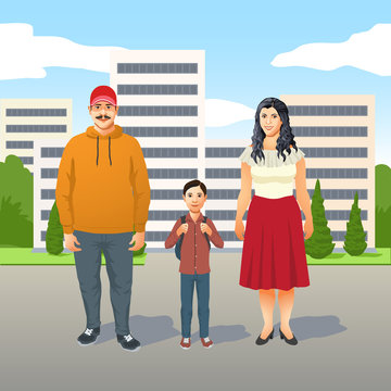 Happy friendly young Latino family with mother, father and their young son standing in a row in the street in front of high-rise apartment blocks or offices in a city. Vector illustration