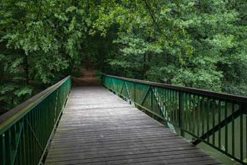Fototapeta na wymiar Footbridge over the water leading to the park. Passage over the water in the forest area.