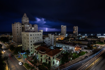 Aerial view of the Havana City, Capital of Cuba, during a Dramatic Thunderstorm with Lightening at night.