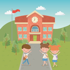 Obraz na płótnie Canvas school building with kids in the landscape scene