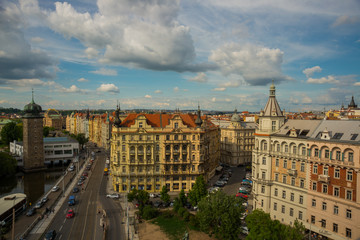Prague, Czhech Republic: view on Vltava and bridge from the observation deck of the Dancing House