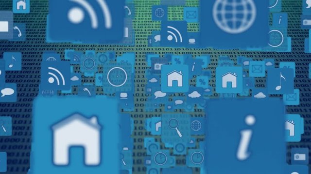 Internet icons floating on a background of binary codes