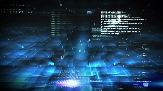 Glowing screen with program codes and binary codes