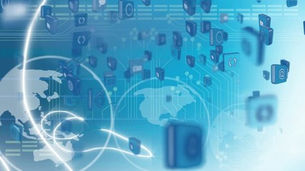 Online and application icons in squares and digital globe - Powered by Adobe