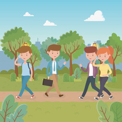 young people walking in the park characters