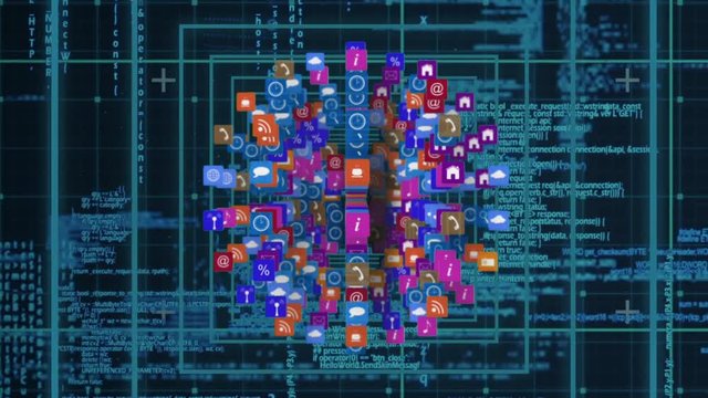 Online and application icons in squares and program codes