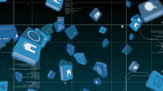 Online and application icons in squares in a futuristic background with program codes