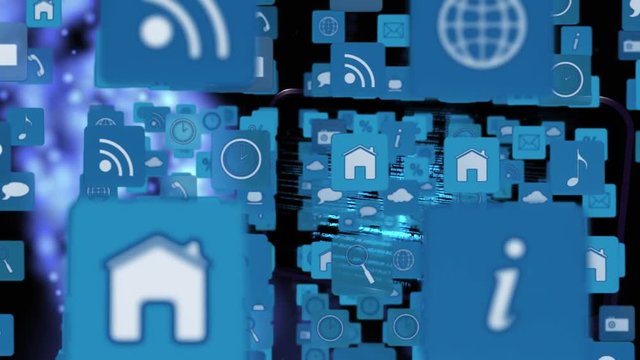 Online and application icons in squares and a program codes