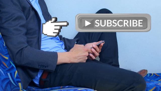 Businessman using a mobile phone and a subscribe button for social media