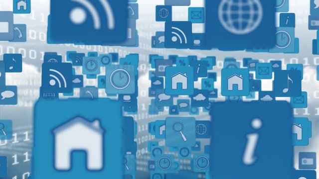 Online and application icons in squares and binary codes in the sky