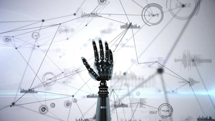 Robotic hands and graphs connected by asymmetrical lines - Powered by Adobe